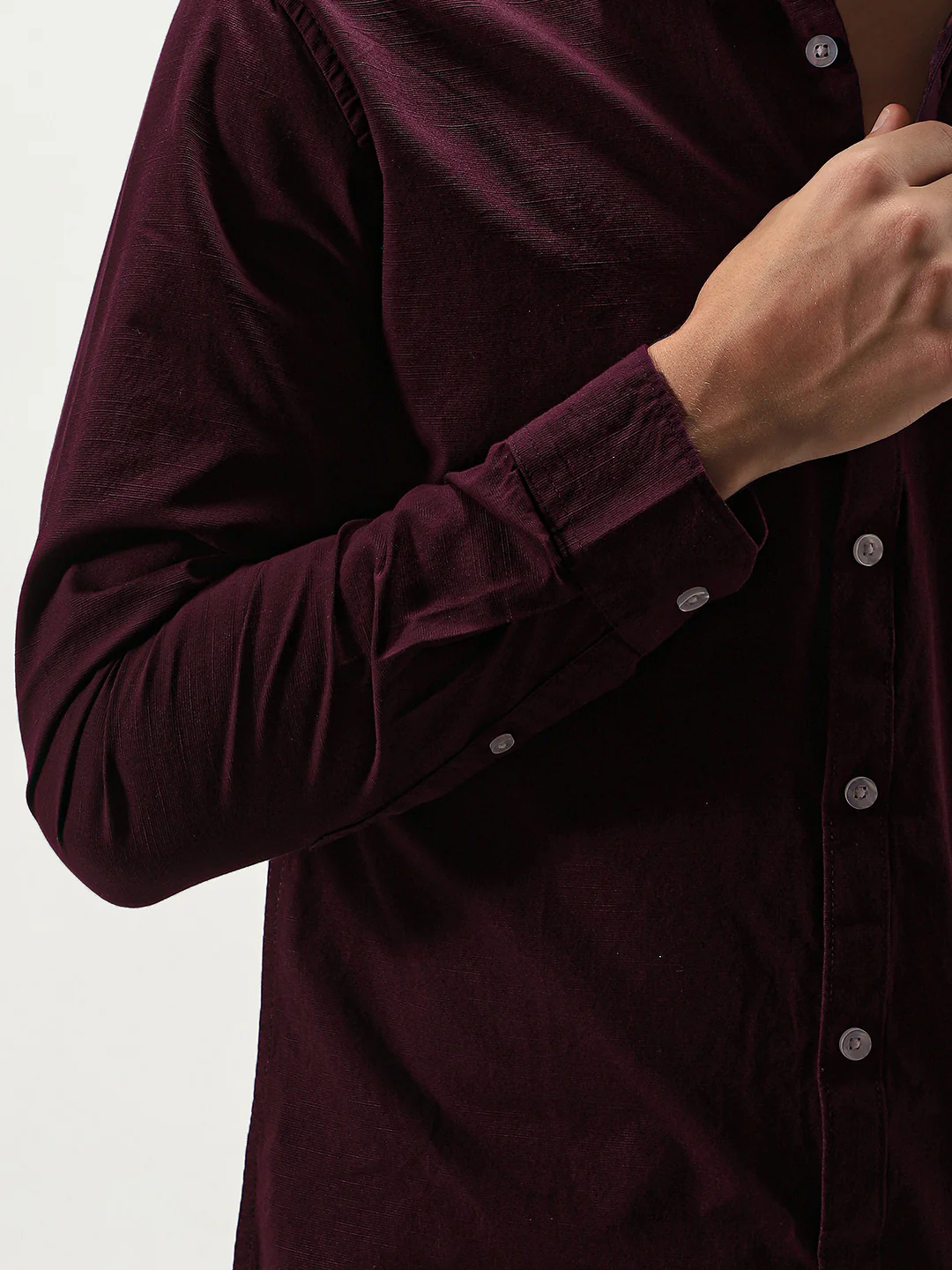 Men's Maroon Cotton Full Sleeve Regular Fit Casual Solid Slub Shirt with Spread Collar - Image 6