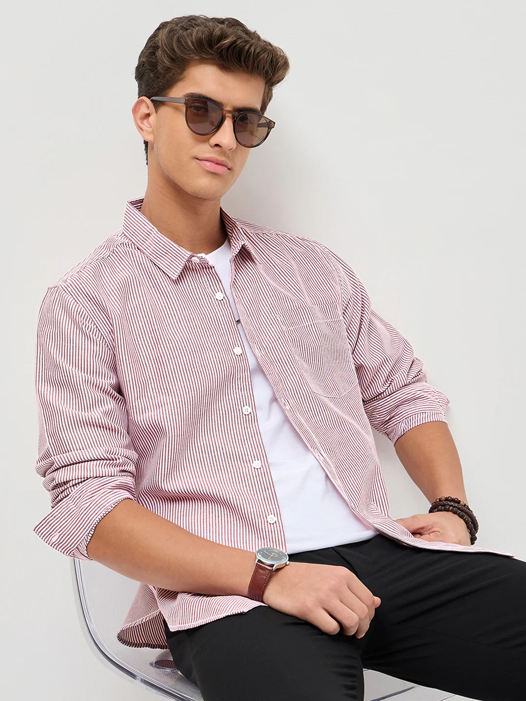 Men's Maroon Cotton Full Sleeve Regular Fit Casual Striped Shirt - Image 2