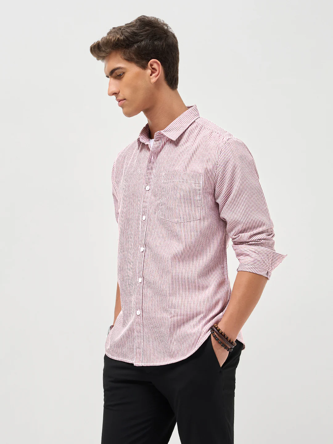 Men's Maroon Cotton Full Sleeve Regular Fit Casual Striped Shirt - Image 3