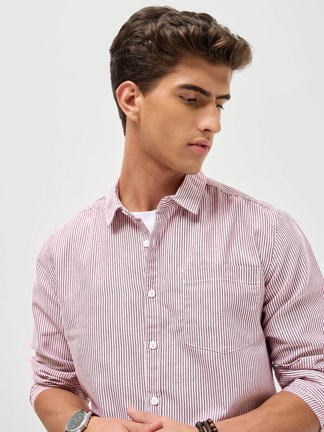 Men's Maroon Cotton Full Sleeve Regular Fit Casual Striped Shirt - Image 6