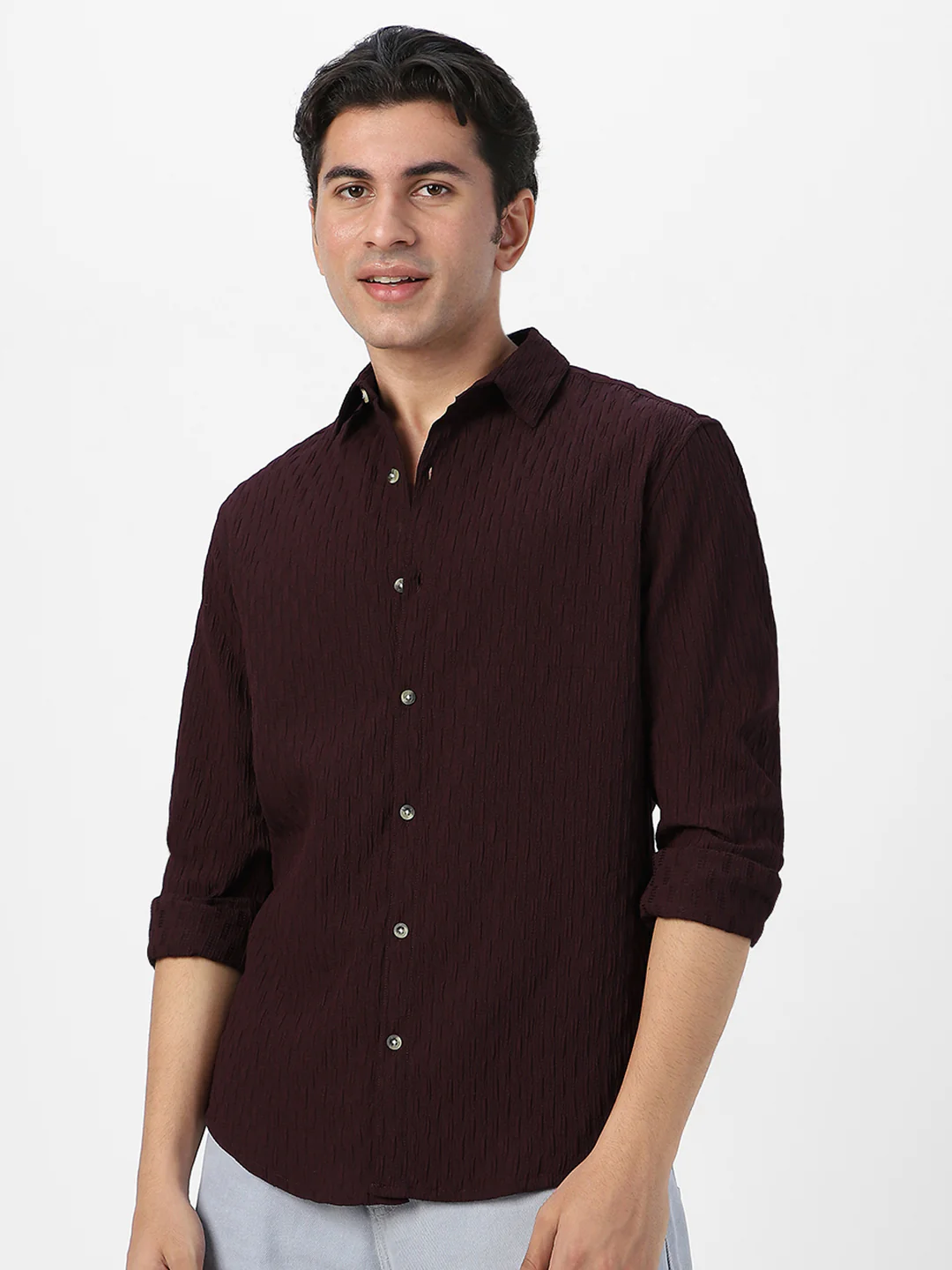 Men's Maroon Cotton Full Sleeve Regular Fit Textured Shirt with Spread Collar - Image 3