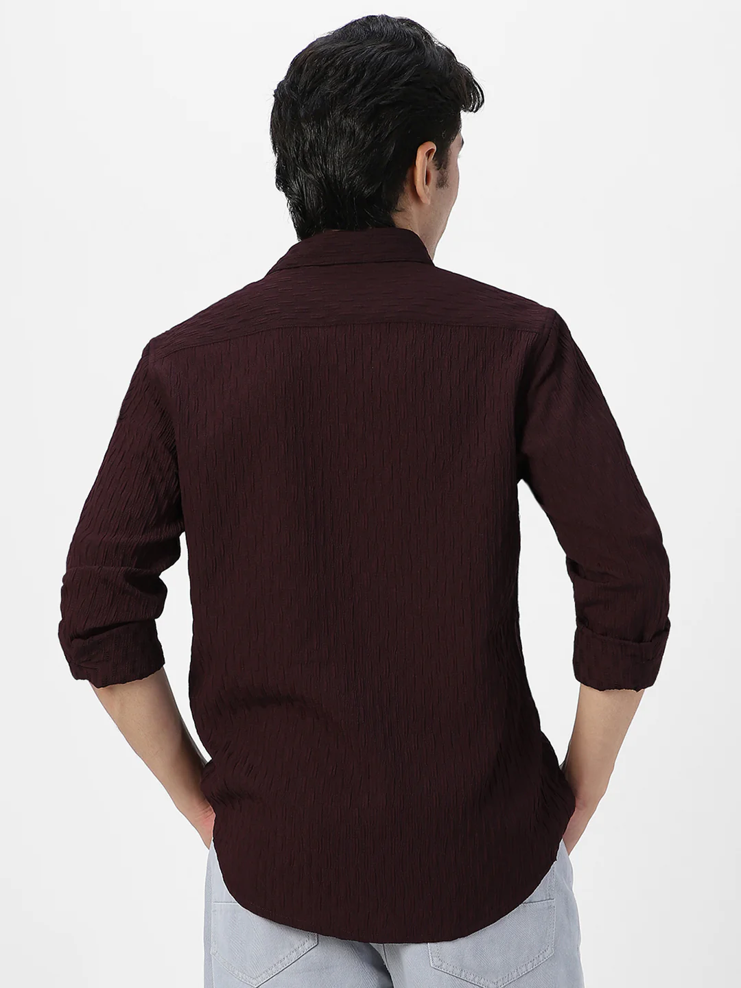 Men's Maroon Cotton Full Sleeve Regular Fit Textured Shirt with Spread Collar - Image 4