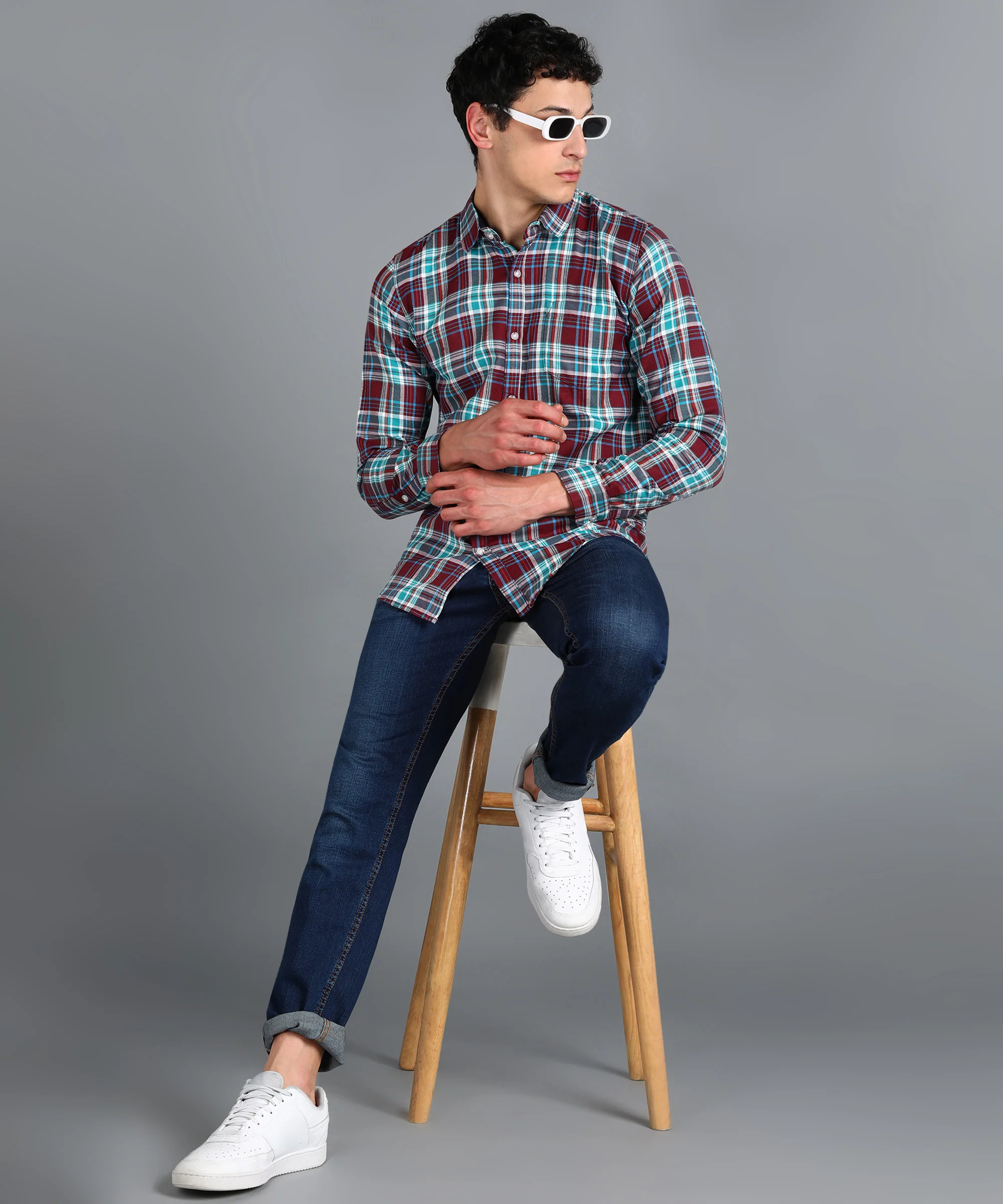 Men's Maroon Cotton Full Sleeve Slim Fit Casual Checkered Shirt - Image 4