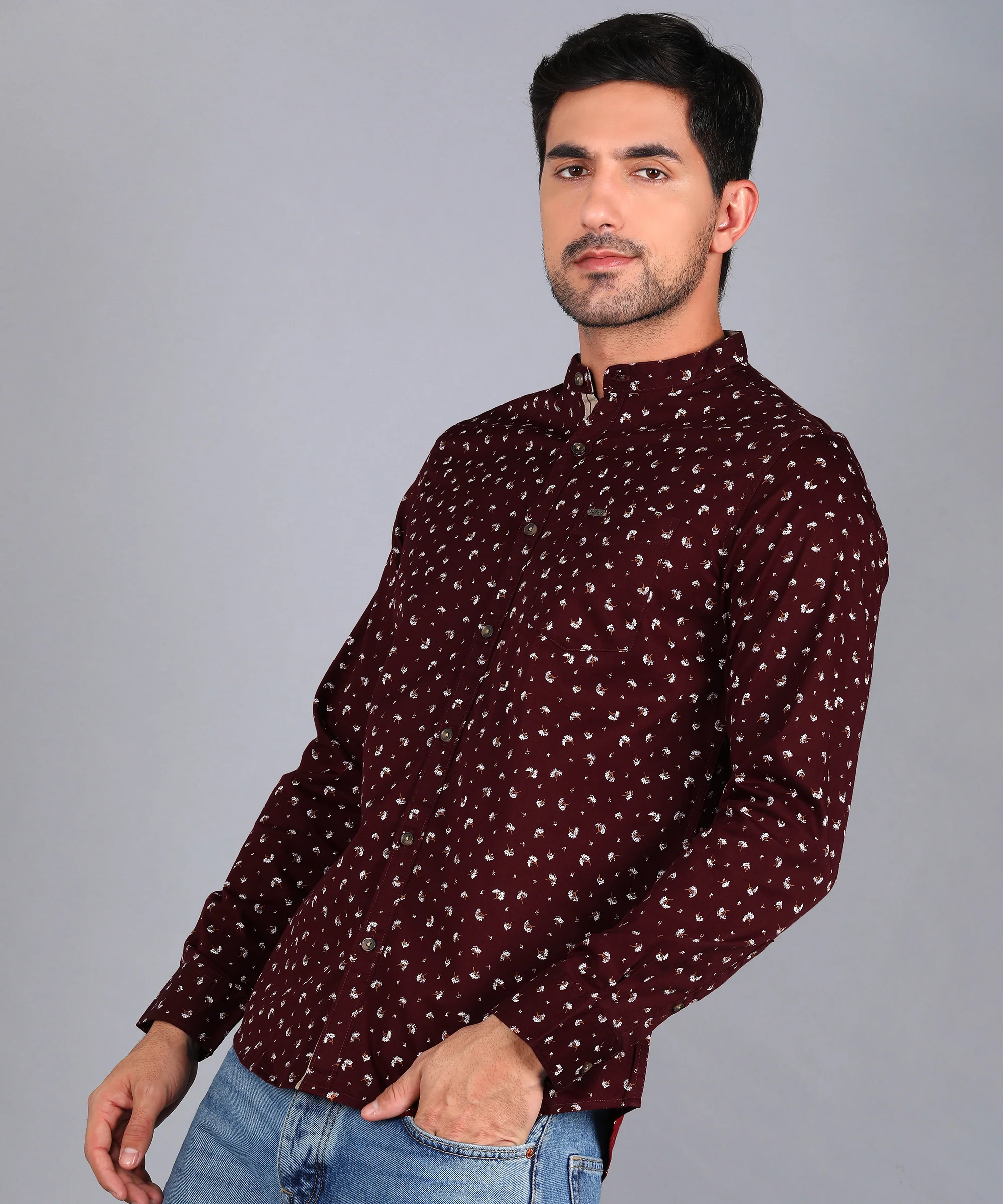 Men's Maroon Cotton Full Sleeve Slim Fit Casual Printed Shirt - Image 3