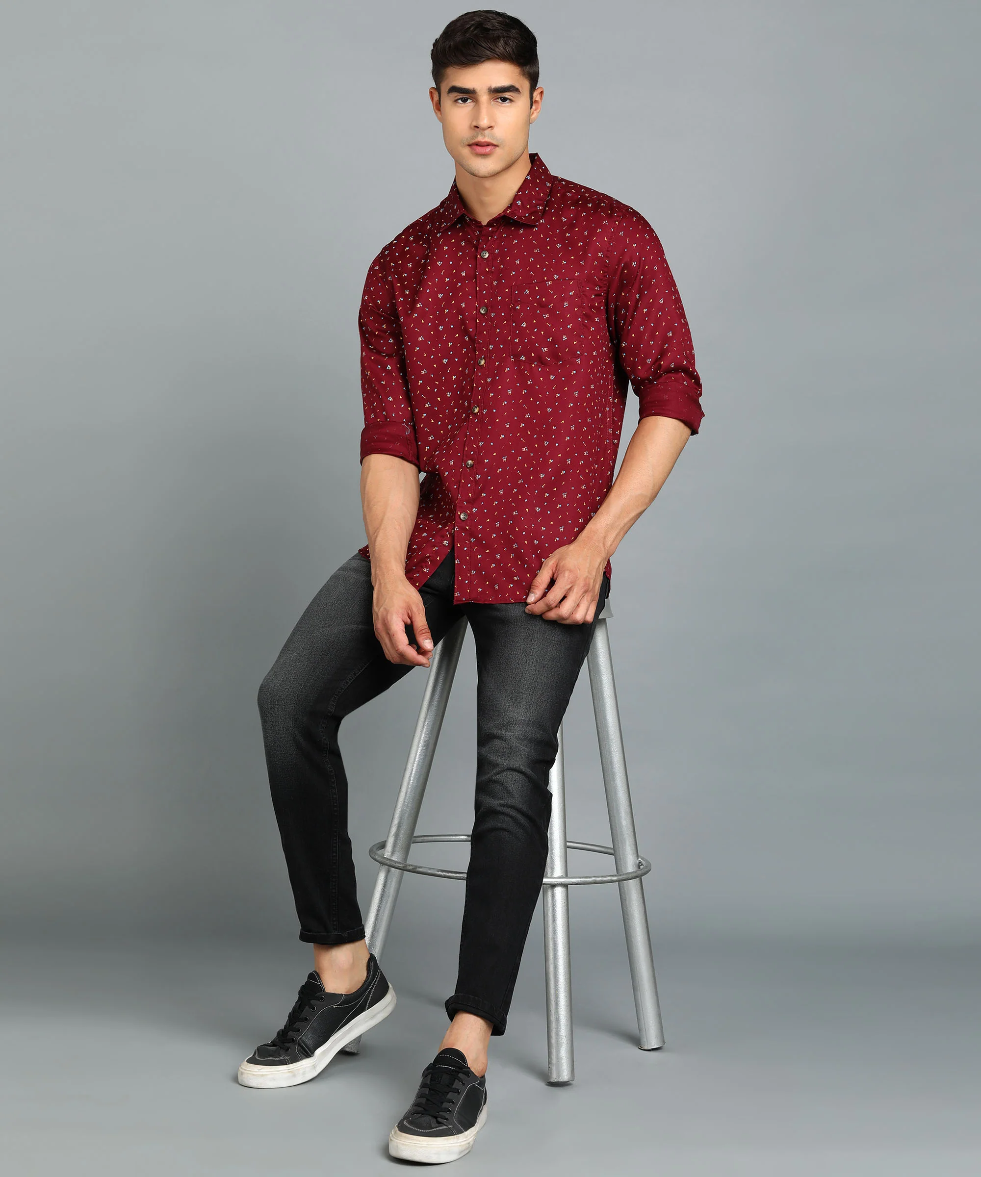 Men's Maroon Cotton Full Sleeve Slim Fit Casual Printed Shirt - Image 4