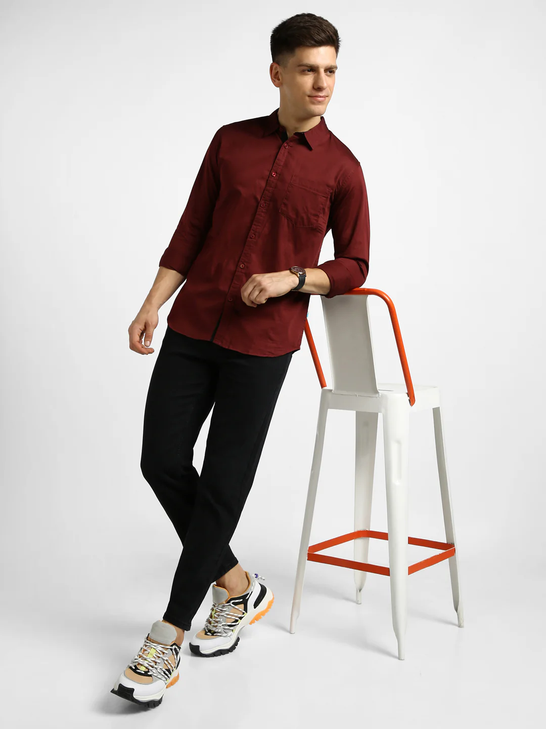 Men's Maroon Cotton Full Sleeve Slim Fit Casual Solid Shirt - Image 4