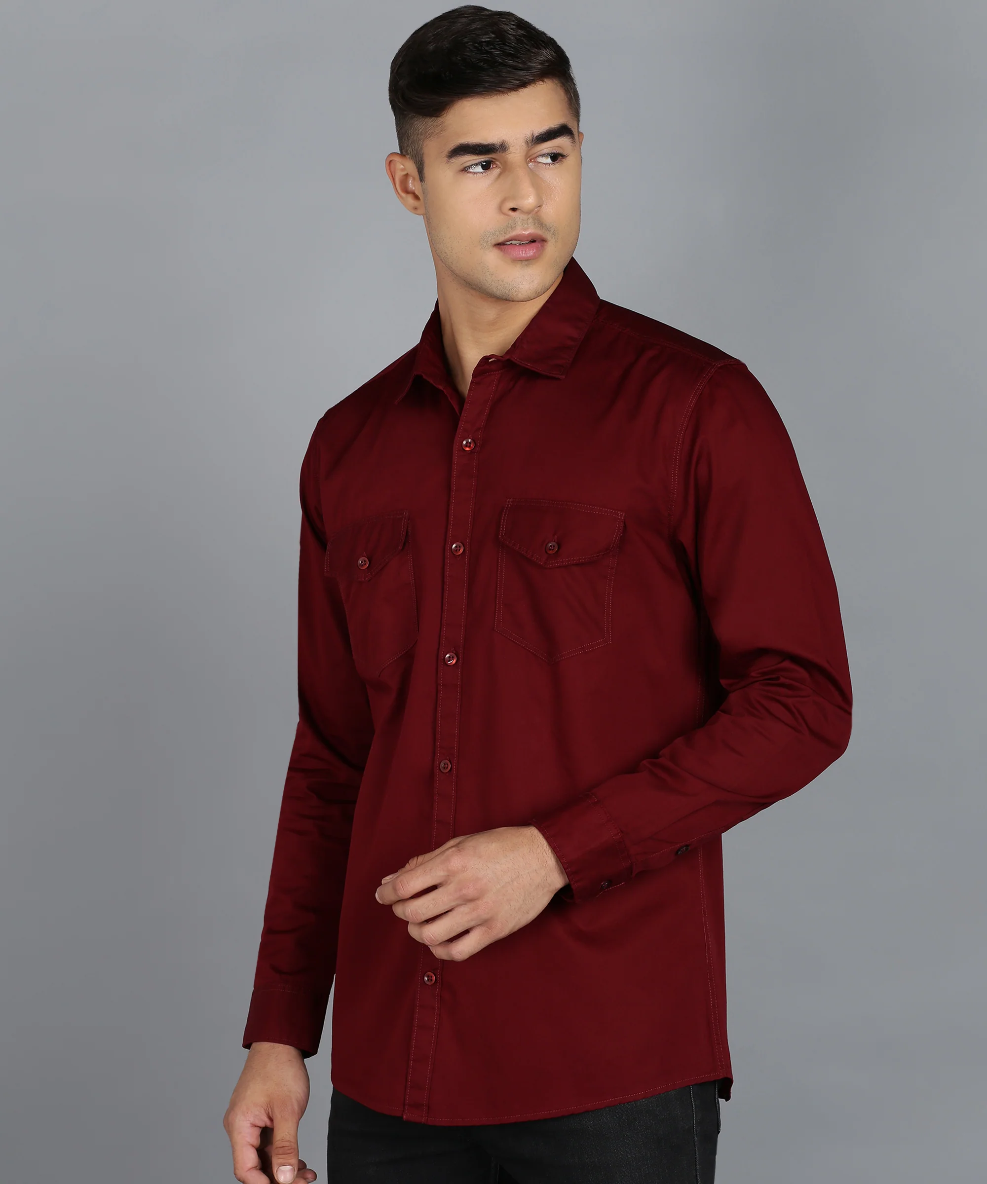Men's Maroon Cotton Full Sleeve Slim Fit Casual Solid Shirt - Image 2