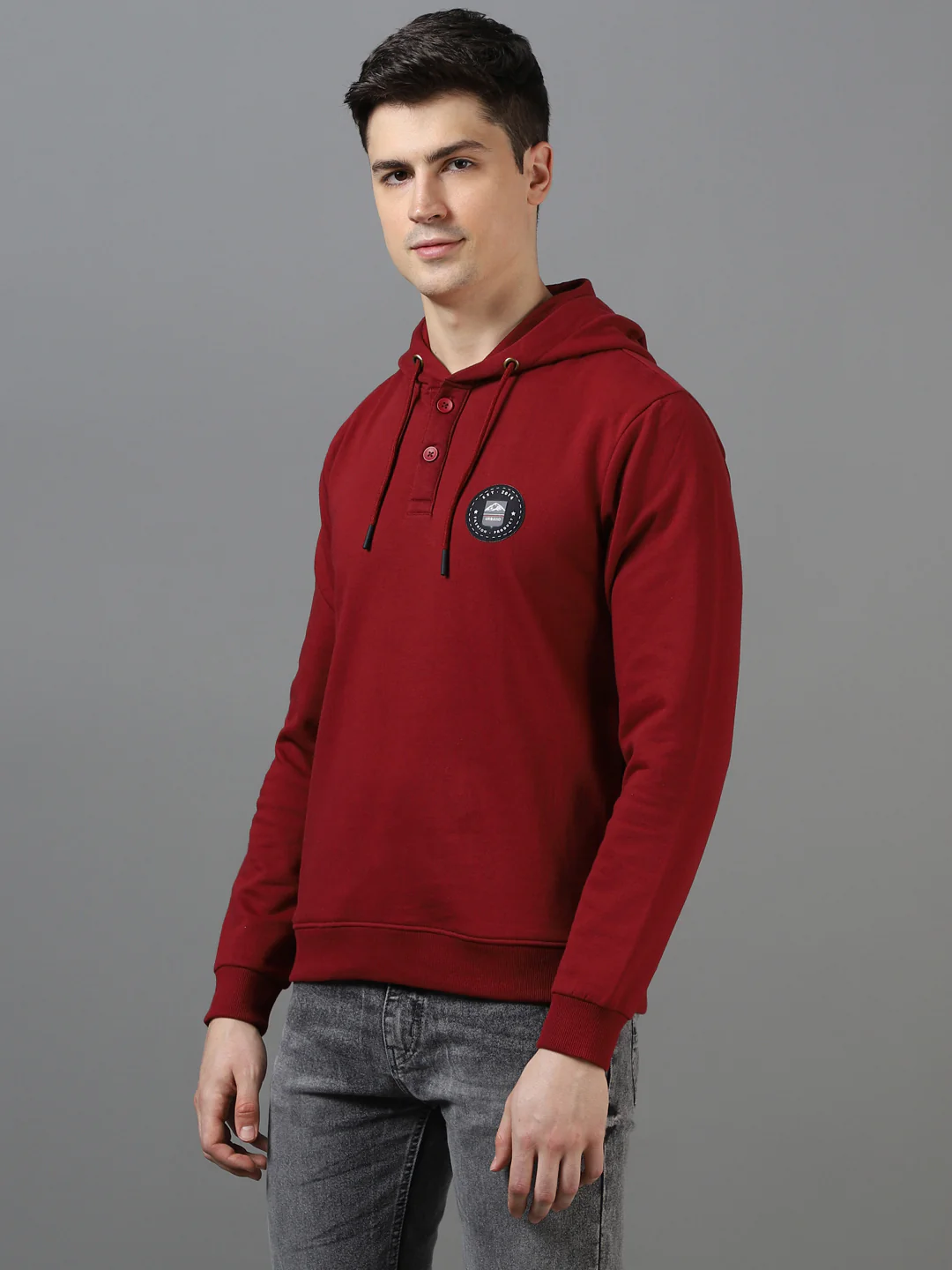 Men's Maroon Cotton Solid Button Hooded Neck Sweatshirt - Image 2