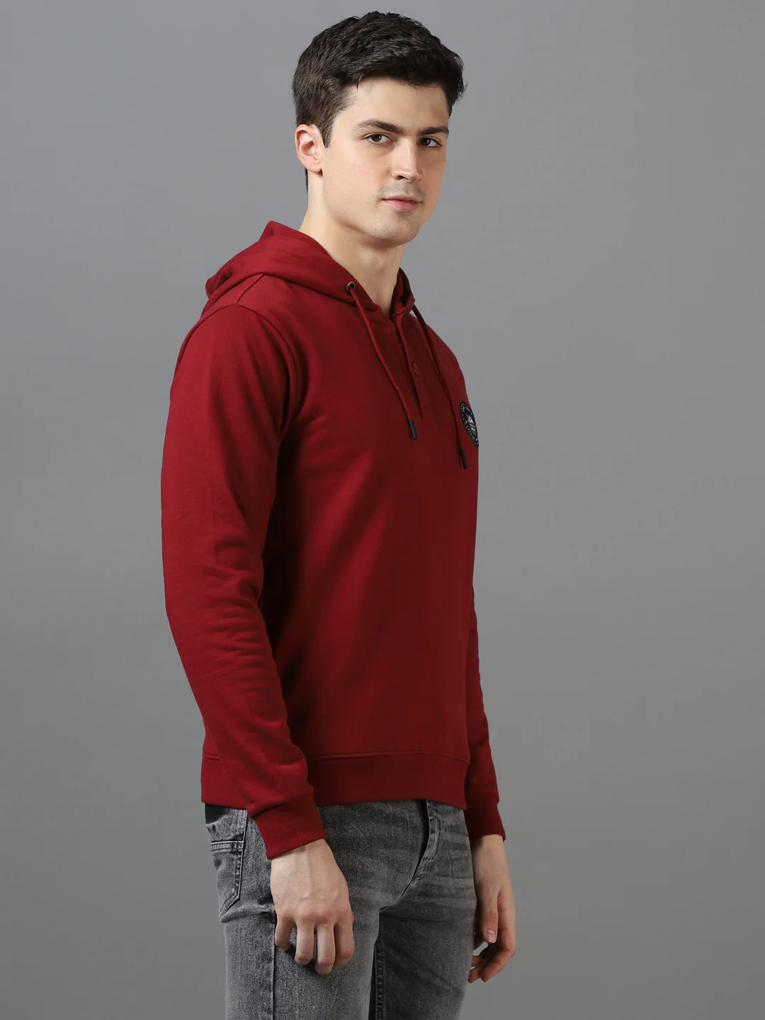 Men's Maroon Cotton Solid Button Hooded Neck Sweatshirt - Image 3