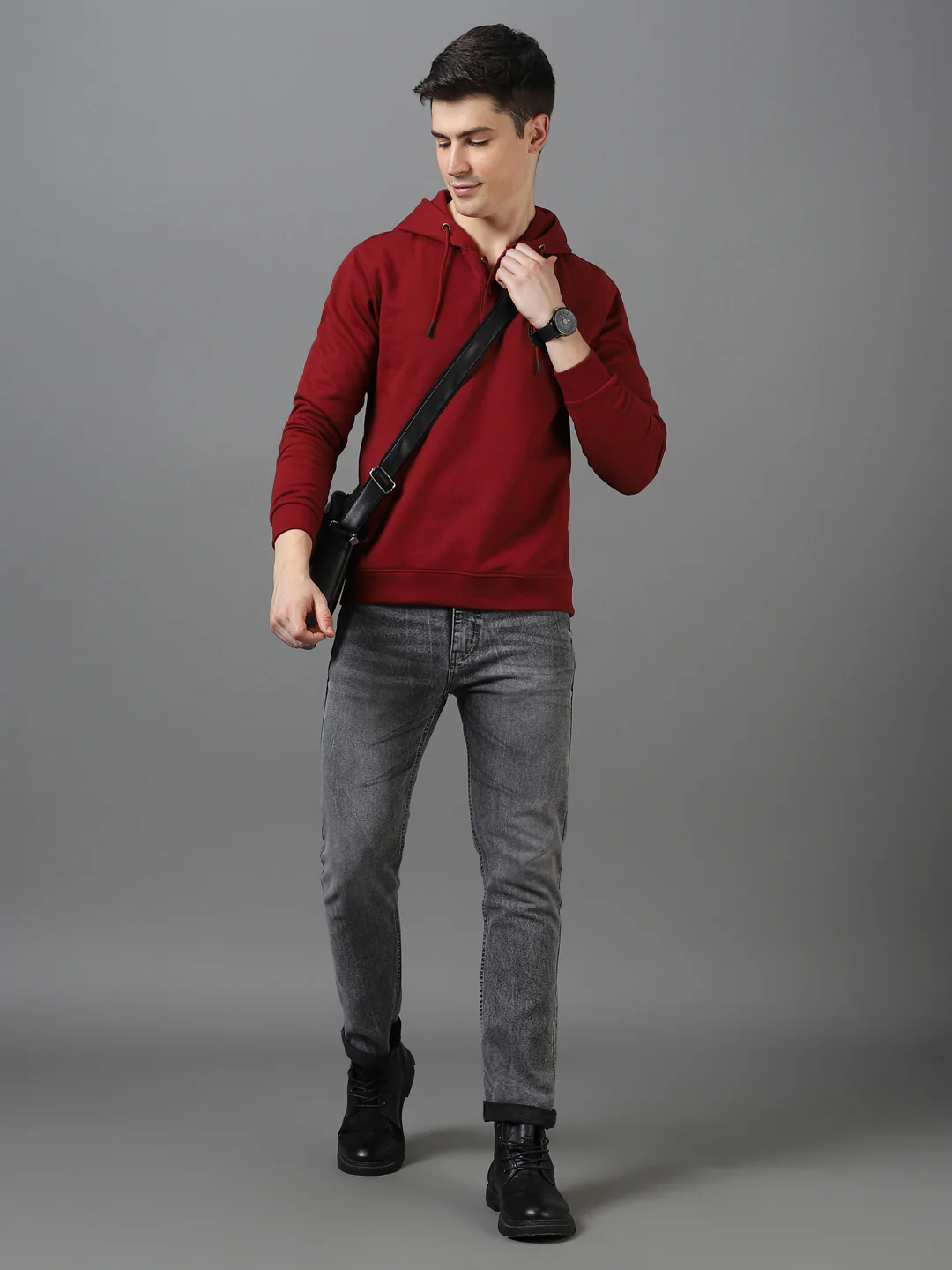 Men's Maroon Cotton Solid Button Hooded Neck Sweatshirt - Image 4
