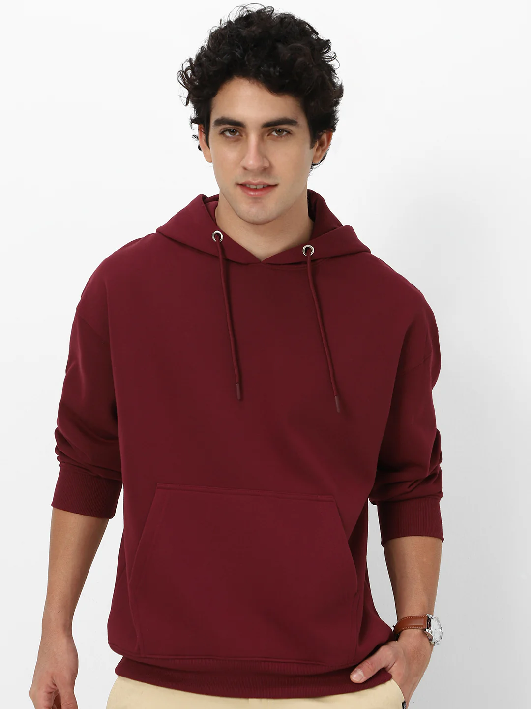 Men's Maroon Cotton Solid Oversized Hooded Neck Sweatshirt - Image 2