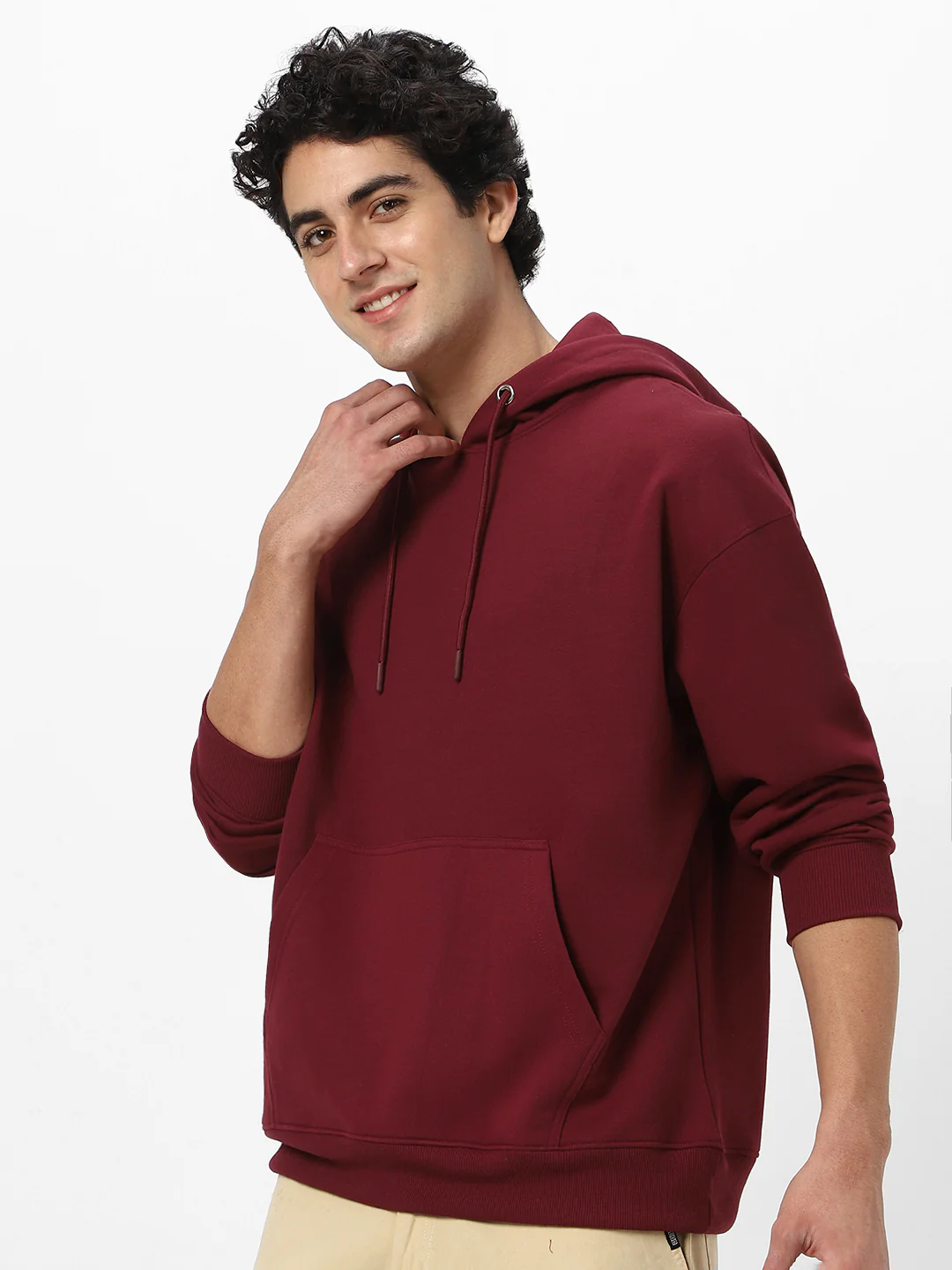 Men's Maroon Cotton Solid Oversized Hooded Neck Sweatshirt - Image 3