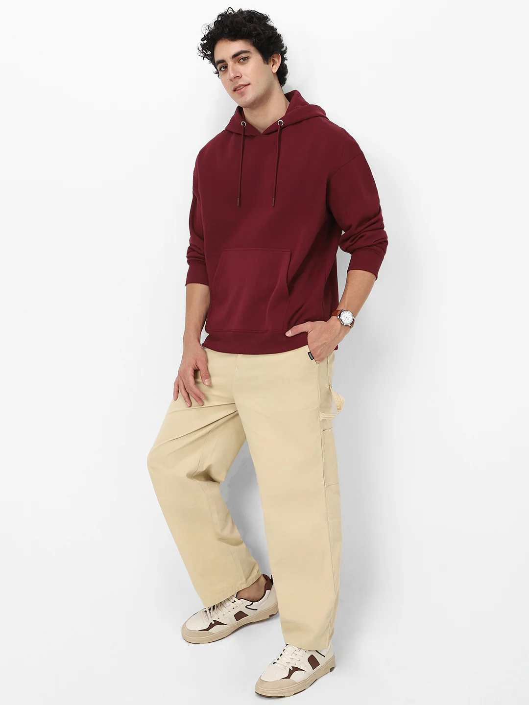 Men's Maroon Cotton Solid Oversized Hooded Neck Sweatshirt - Image 5