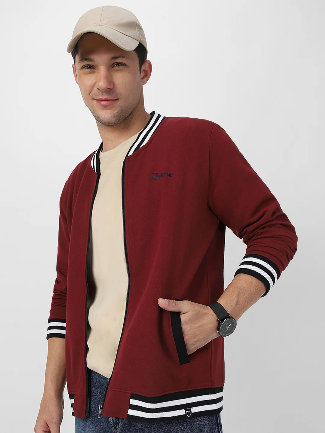 Men's Maroon Cotton Zippered Varsity Sweatshirt - Image 2