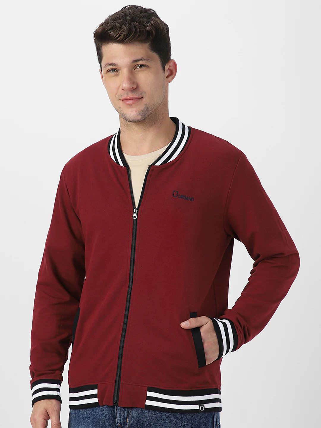 Men's Maroon Cotton Zippered Varsity Sweatshirt - Image 3