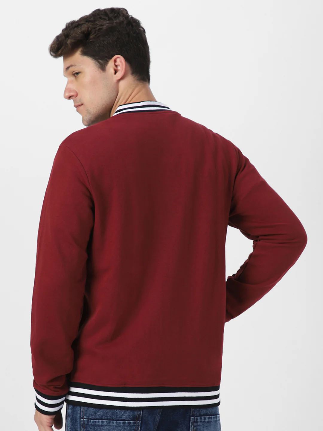 Men's Maroon Cotton Zippered Varsity Sweatshirt - Image 4