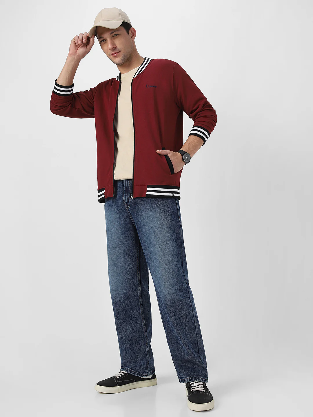 Men's Maroon Cotton Zippered Varsity Sweatshirt - Image 5