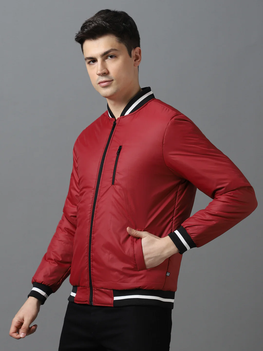 Men's Maroon Full Sleeve Zippered Bomber Jacket - Image 2