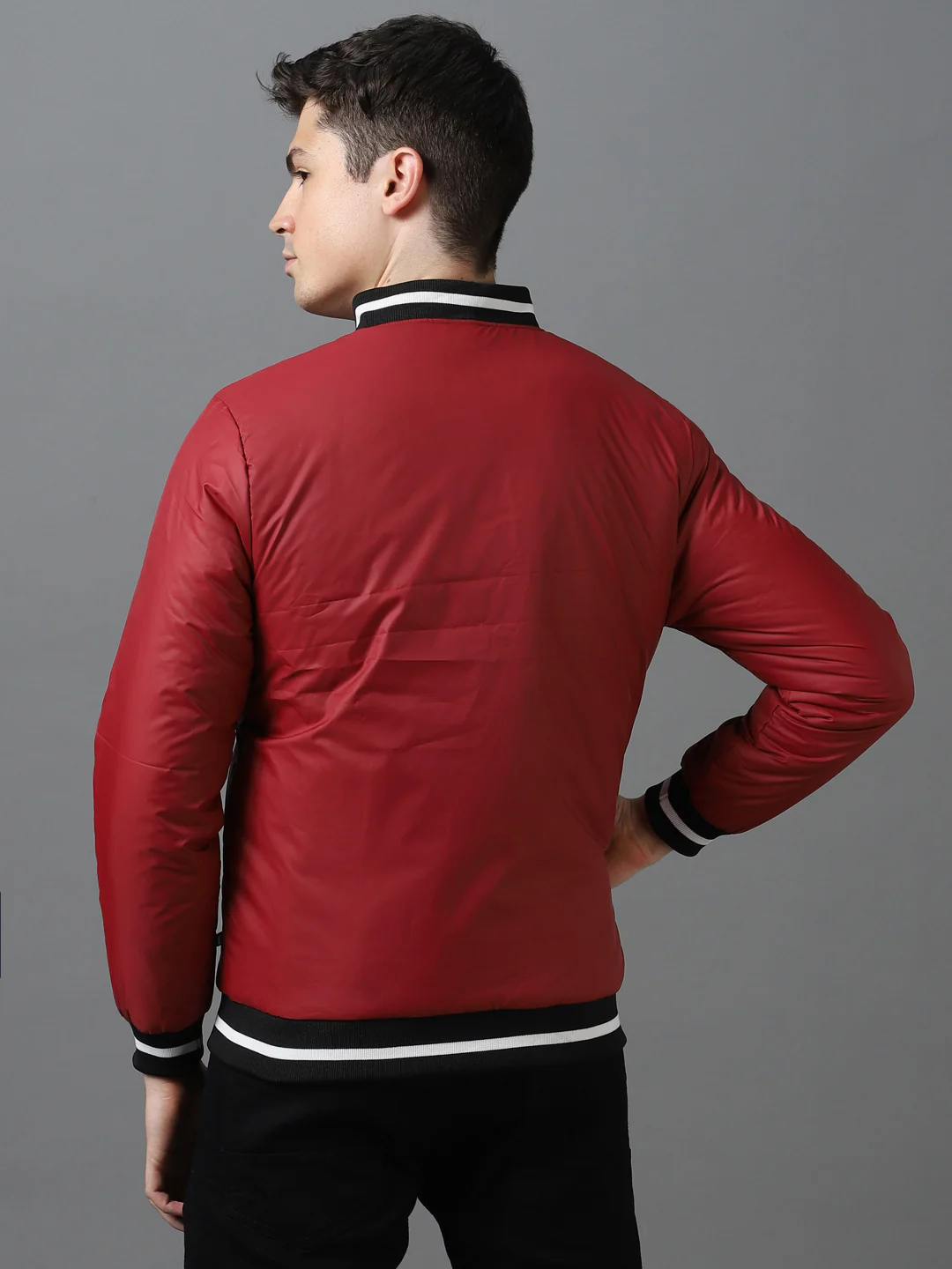 Men's Maroon Full Sleeve Zippered Bomber Jacket - Image 3