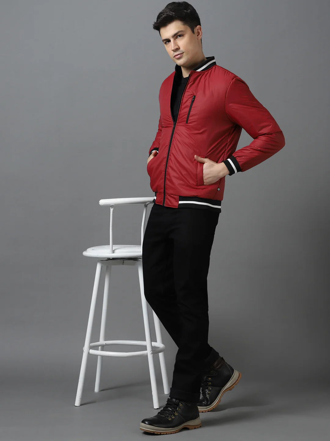 Men's Maroon Full Sleeve Zippered Bomber Jacket - Image 4