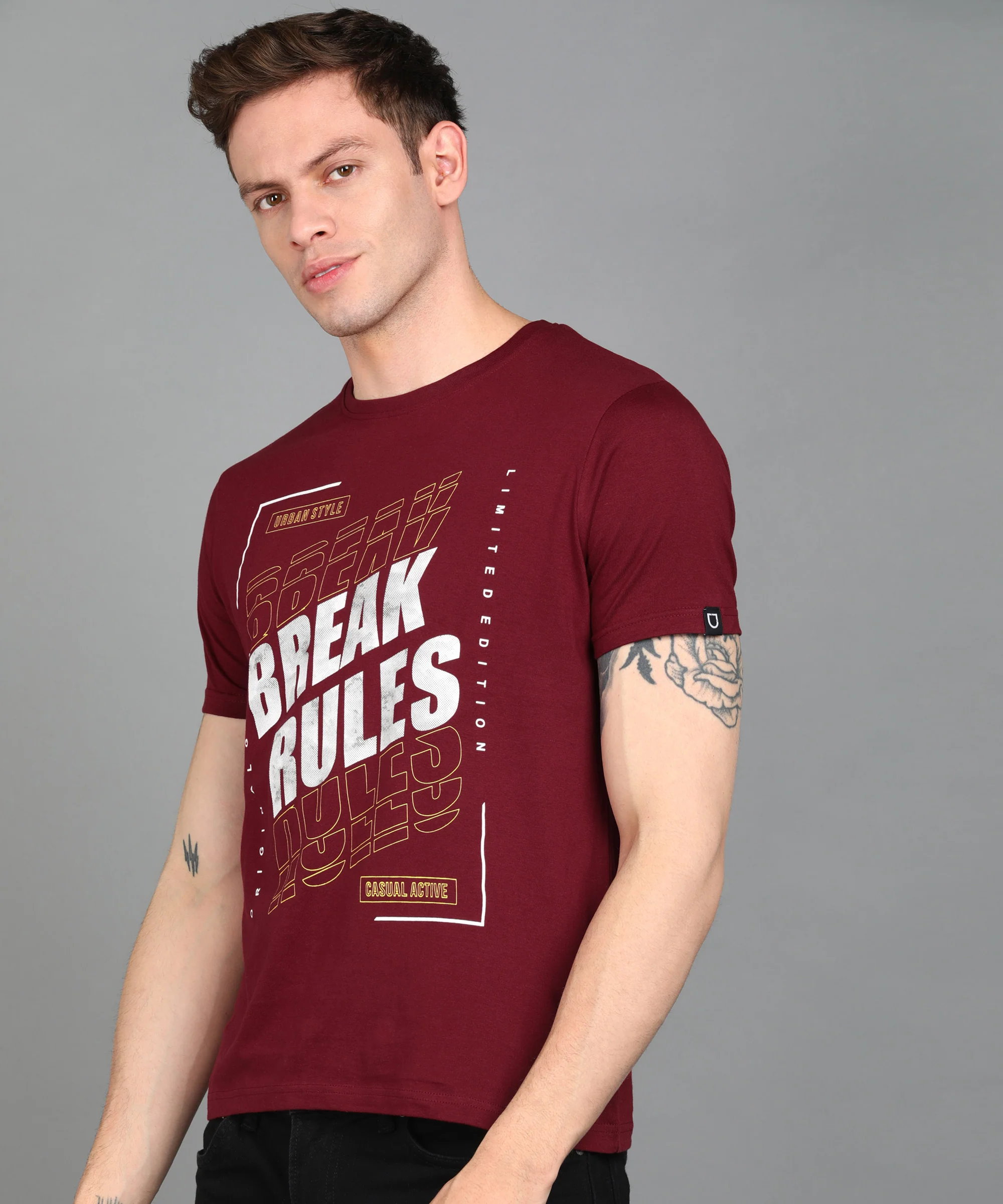 Urbano Fashion Men's Maroon Graphic Printed Round Neck Half Sleeve Slim Fit Cotton T-Shirt - Image 2