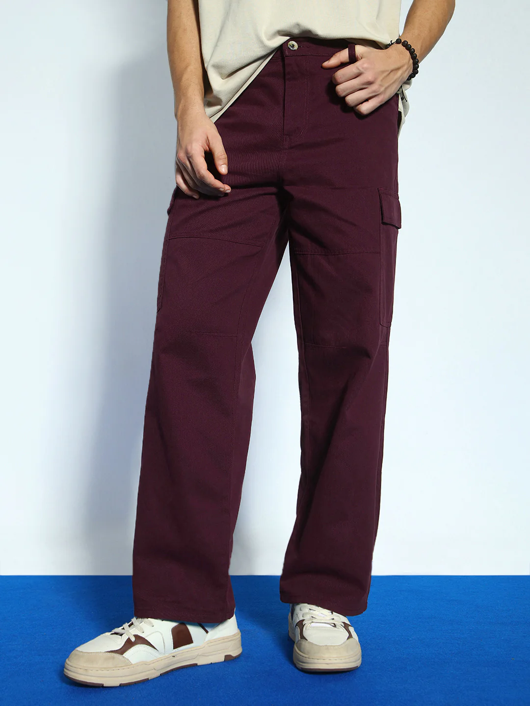 Men's Maroon Loose Baggy Fit Solid Cargo Chino Pant with 6 Pockets Non-Stretchable