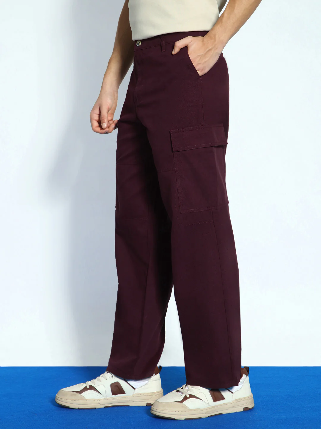 Men's Maroon Loose Baggy Fit Solid Cargo Chino Pant with 6 Pockets Non-Stretchable - Image 2