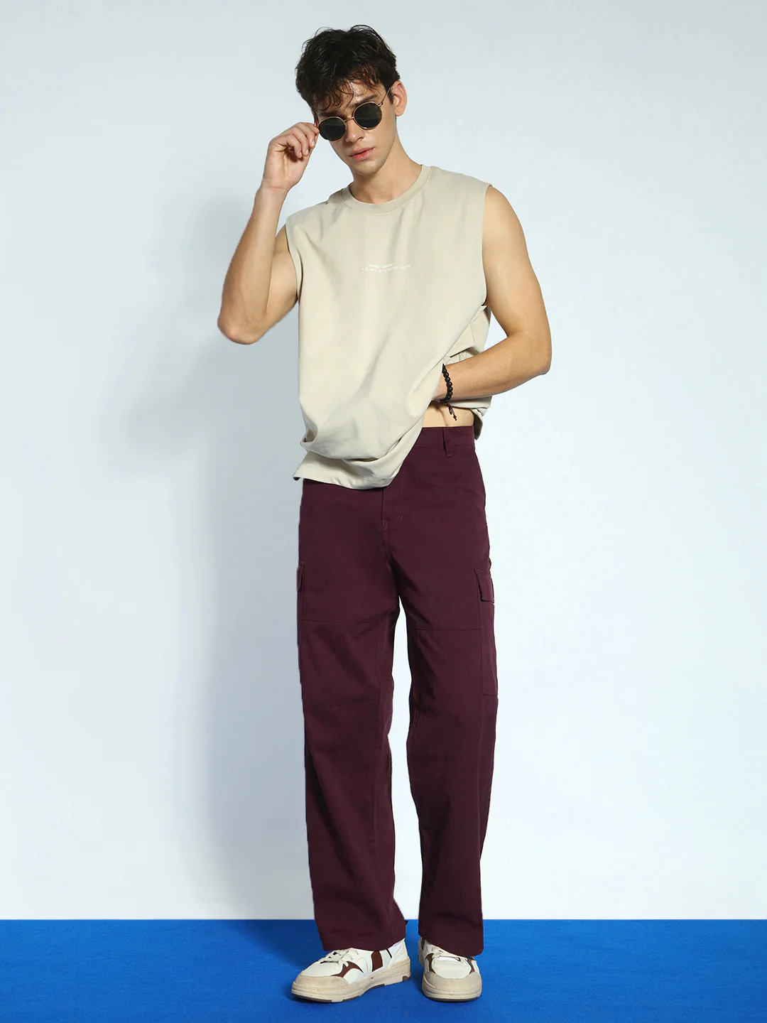 Men's Maroon Loose Baggy Fit Solid Cargo Chino Pant with 6 Pockets Non-Stretchable - Image 4