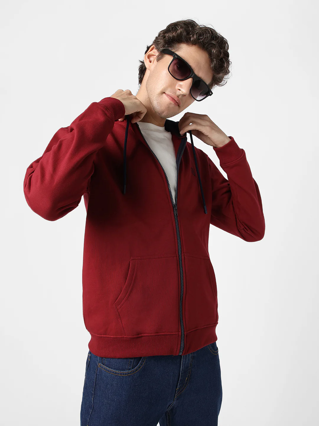 Men's Maroon, Navy Cotton Zippered Hooded Sweatshirt - Image 2