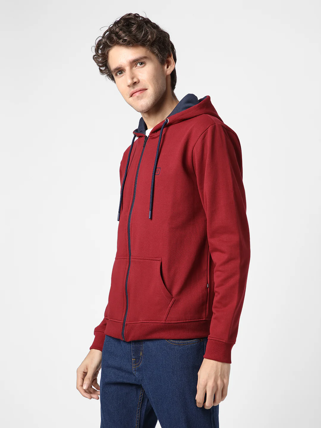 Men's Maroon, Navy Cotton Zippered Hooded Sweatshirt - Image 3