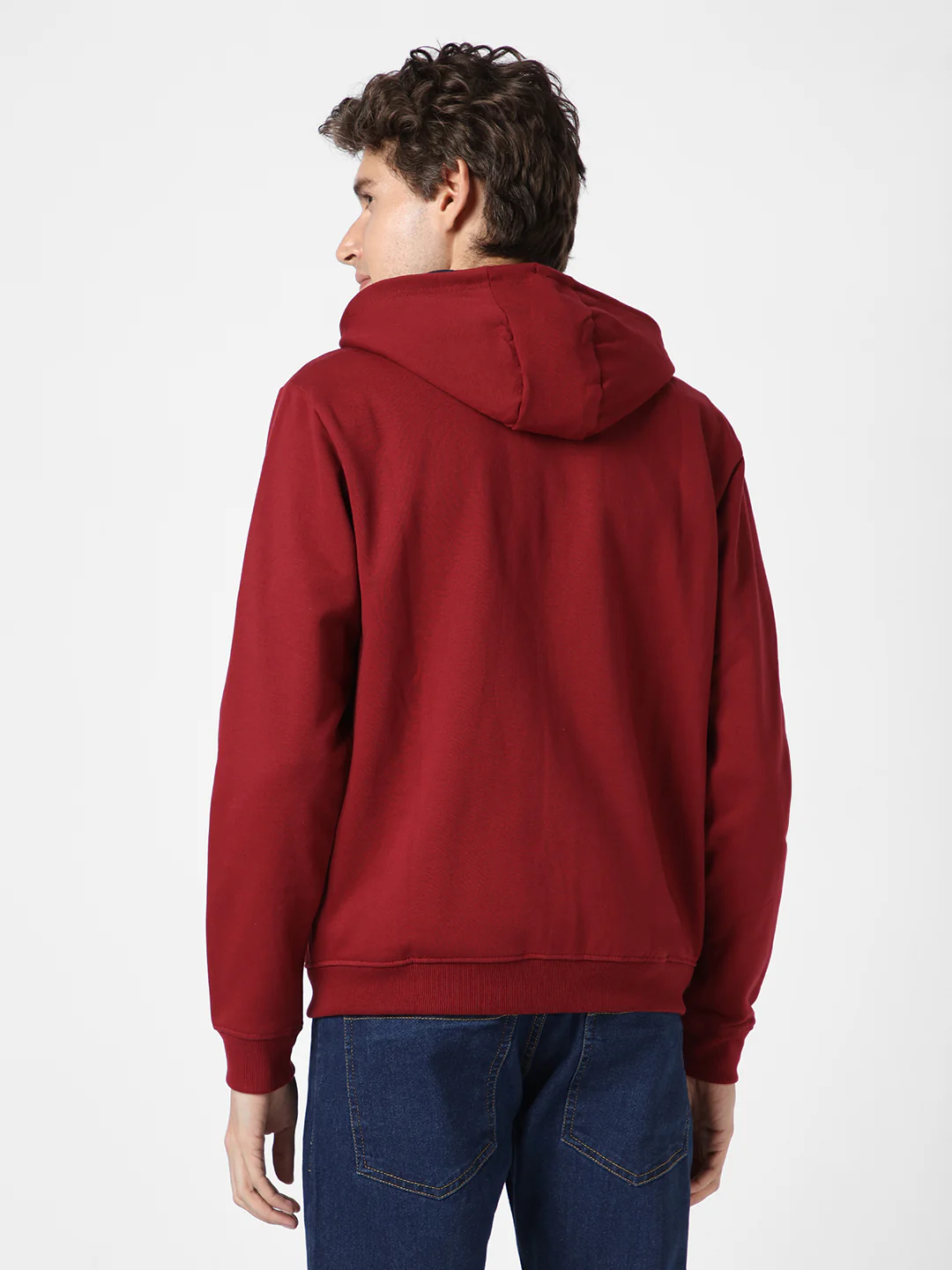 Men's Maroon, Navy Cotton Zippered Hooded Sweatshirt - Image 4