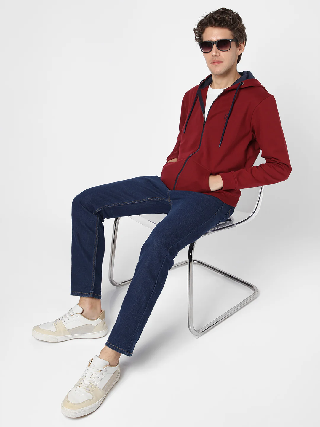 Men's Maroon, Navy Cotton Zippered Hooded Sweatshirt - Image 5
