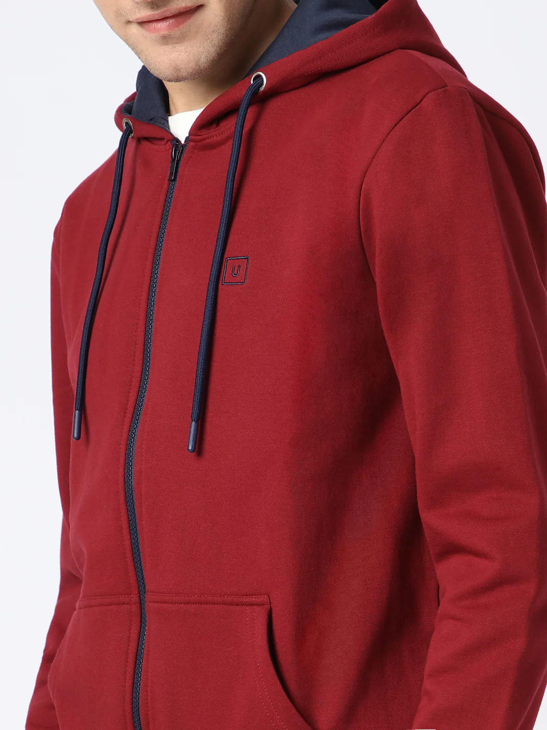 Men's Maroon, Navy Cotton Zippered Hooded Sweatshirt - Image 6