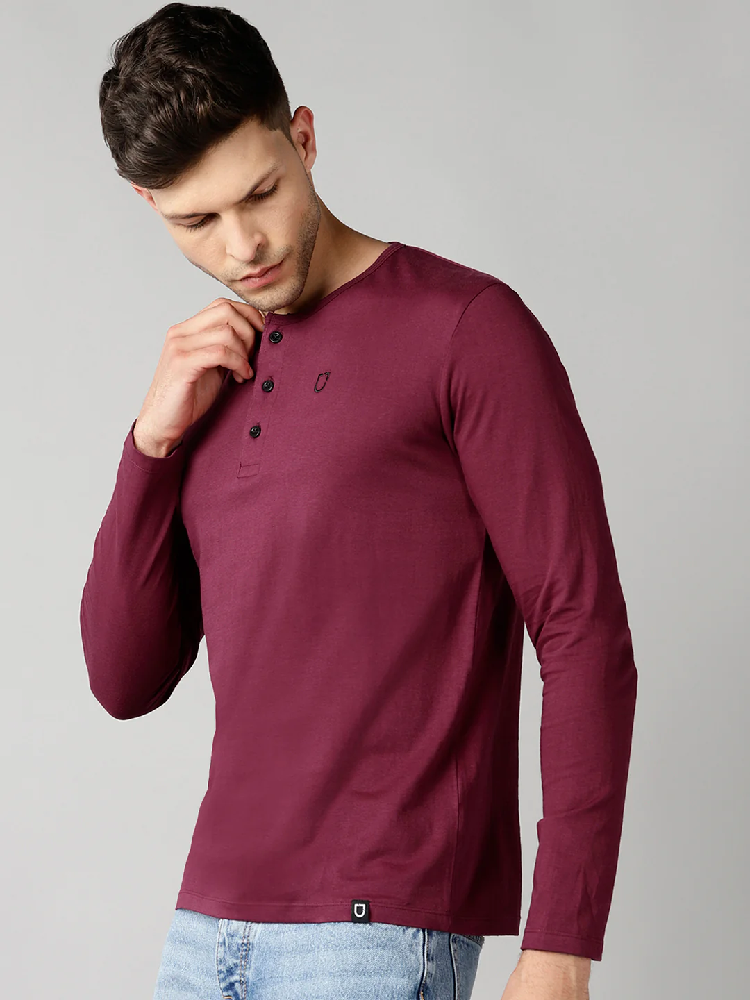 Men's Maroon Solid Henley Neck Slim Fit Full Sleeve Cotton T-Shirt - Image 2