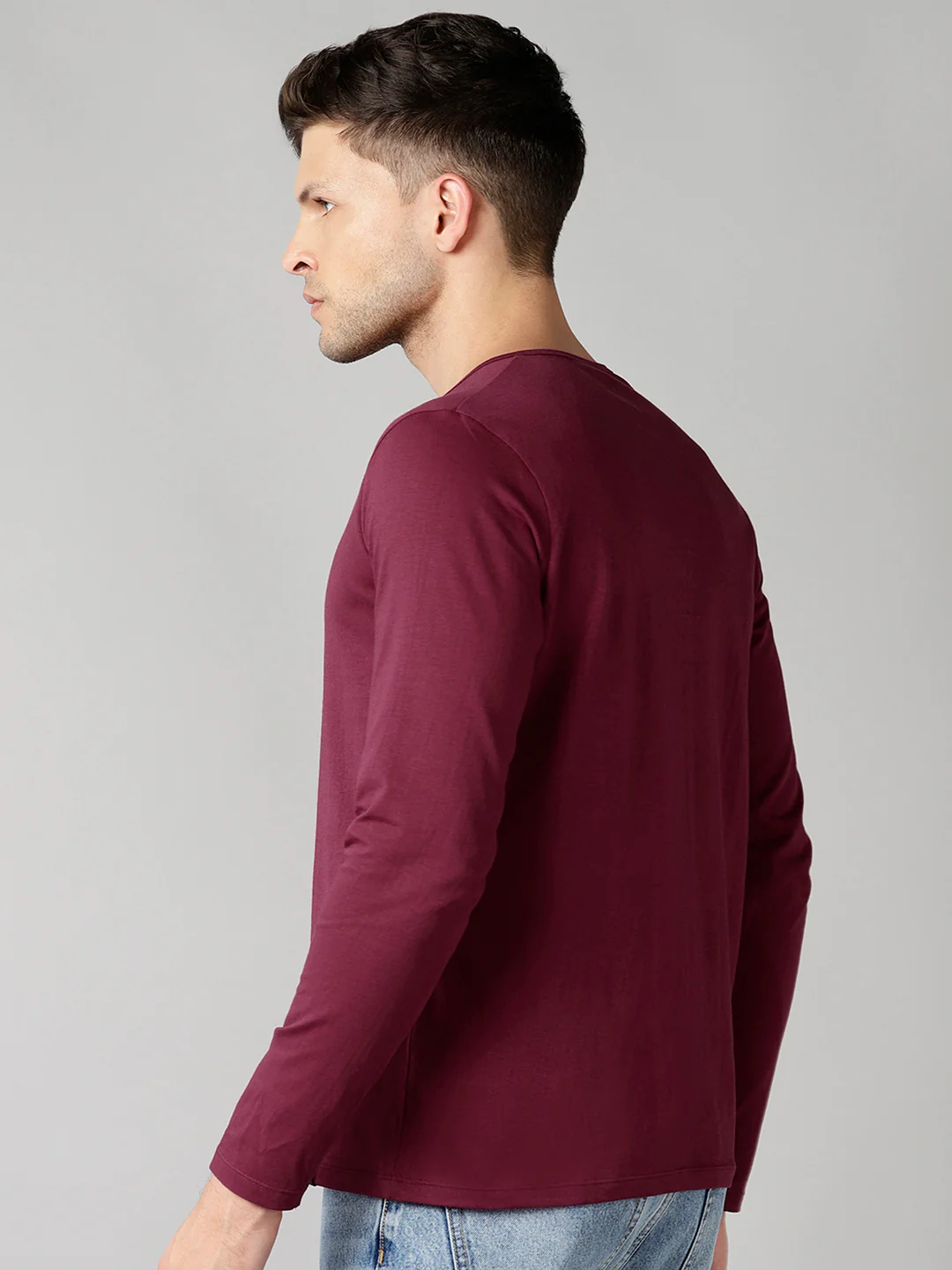 Men's Maroon Solid Henley Neck Slim Fit Full Sleeve Cotton T-Shirt - Image 3