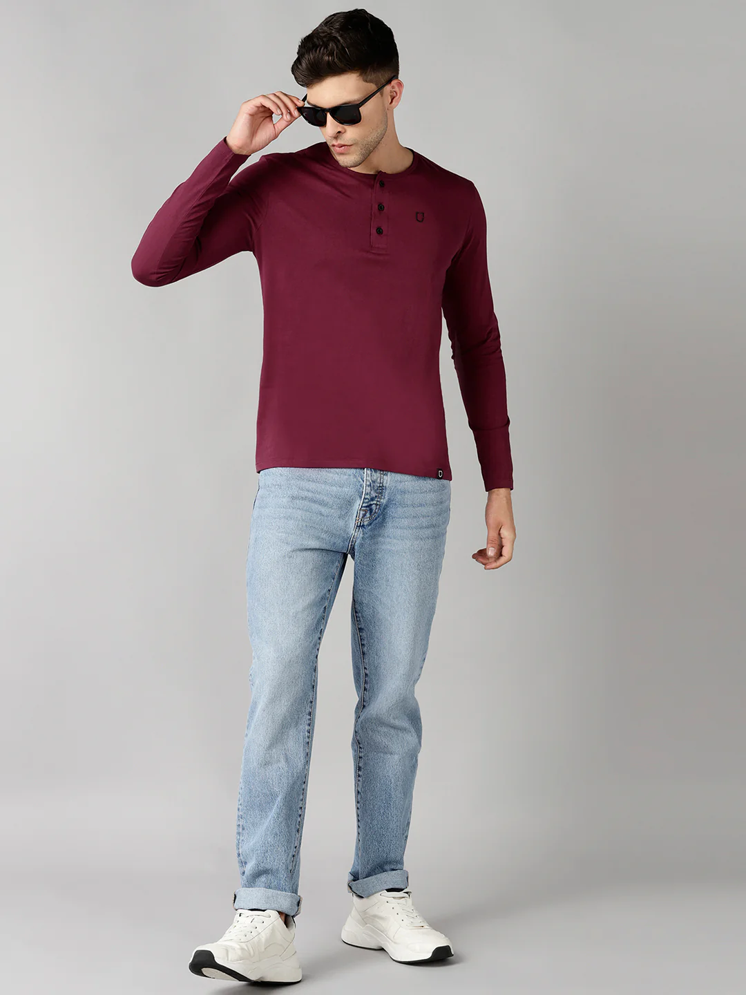 Men's Maroon Solid Henley Neck Slim Fit Full Sleeve Cotton T-Shirt - Image 4