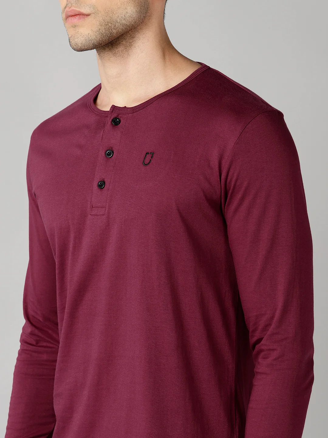 Men's Maroon Solid Henley Neck Slim Fit Full Sleeve Cotton T-Shirt - Image 5