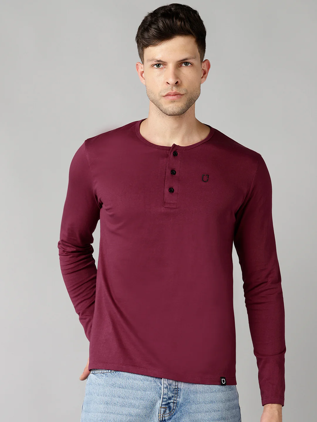 Men's Maroon Solid Henley Neck Slim Fit Full Sleeve Cotton T-Shirt - Image 6