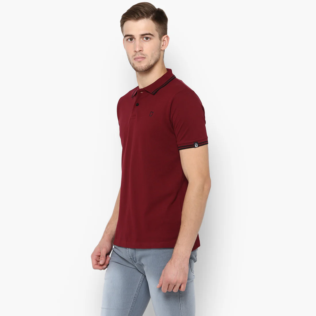 Men's Maroon Solid Mandarin Collar Slim Fit Cotton Polo T-Shirt - Image 2