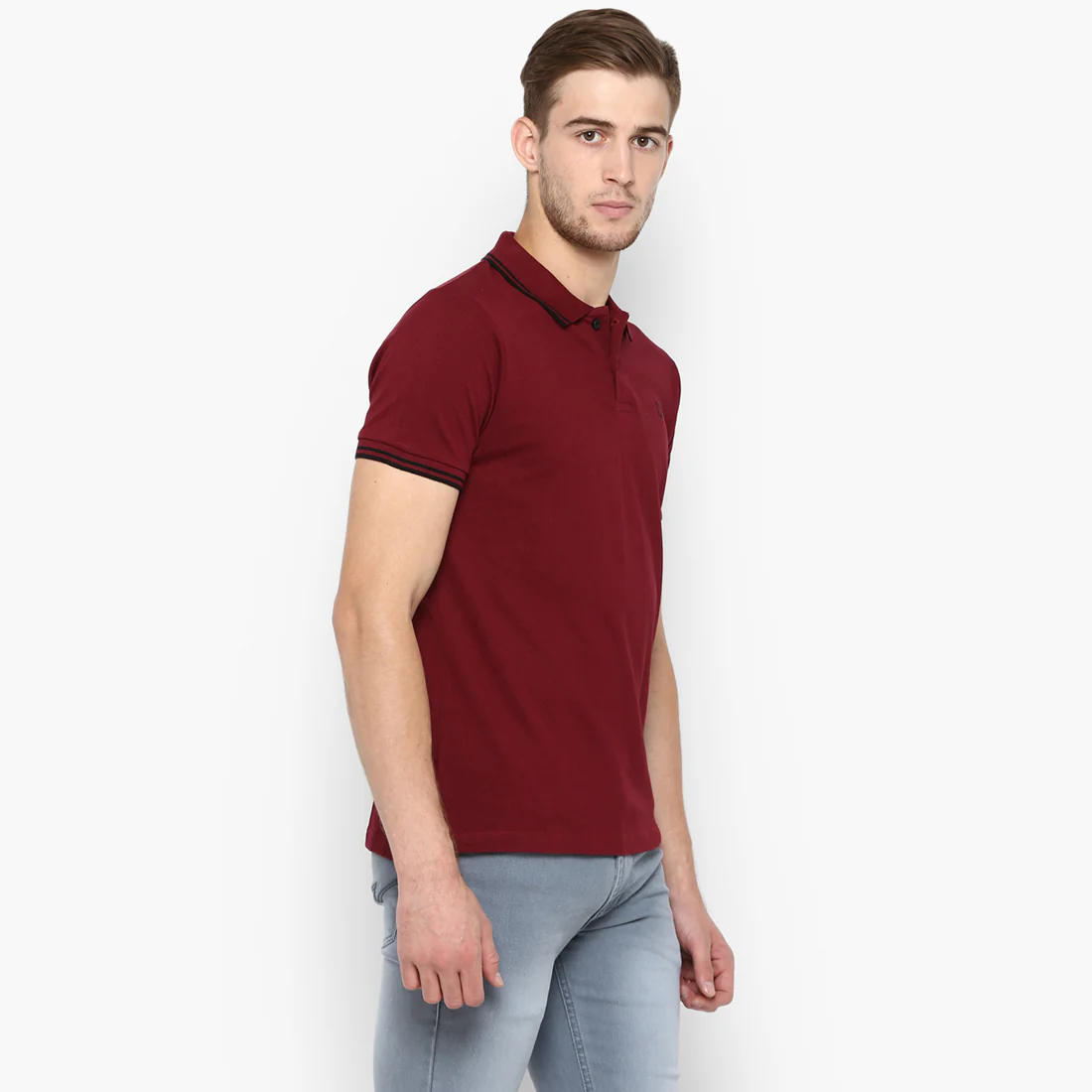 Men's Maroon Solid Mandarin Collar Slim Fit Cotton Polo T-Shirt - Image 3