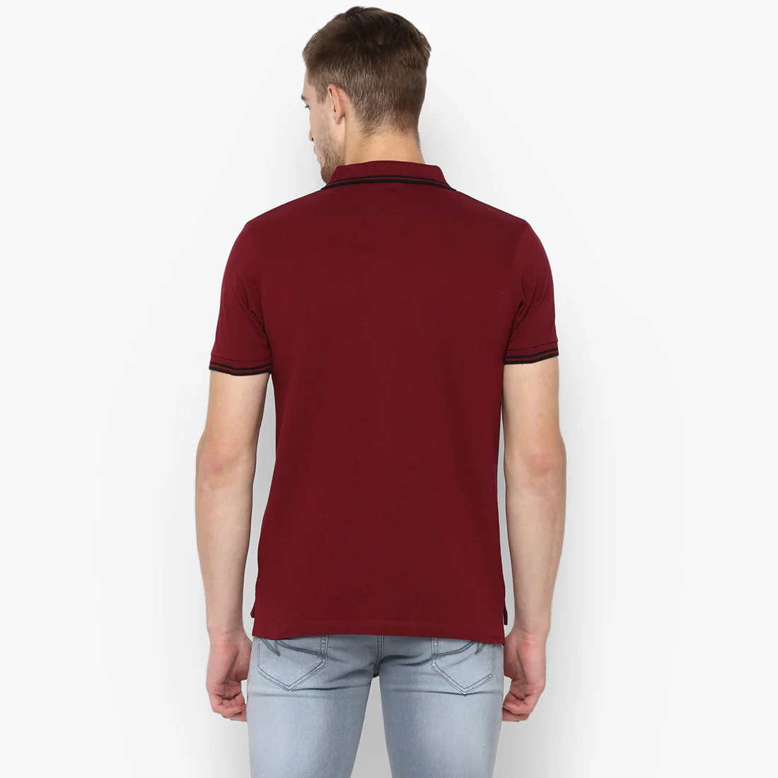 Men's Maroon Solid Mandarin Collar Slim Fit Cotton Polo T-Shirt - Image 4