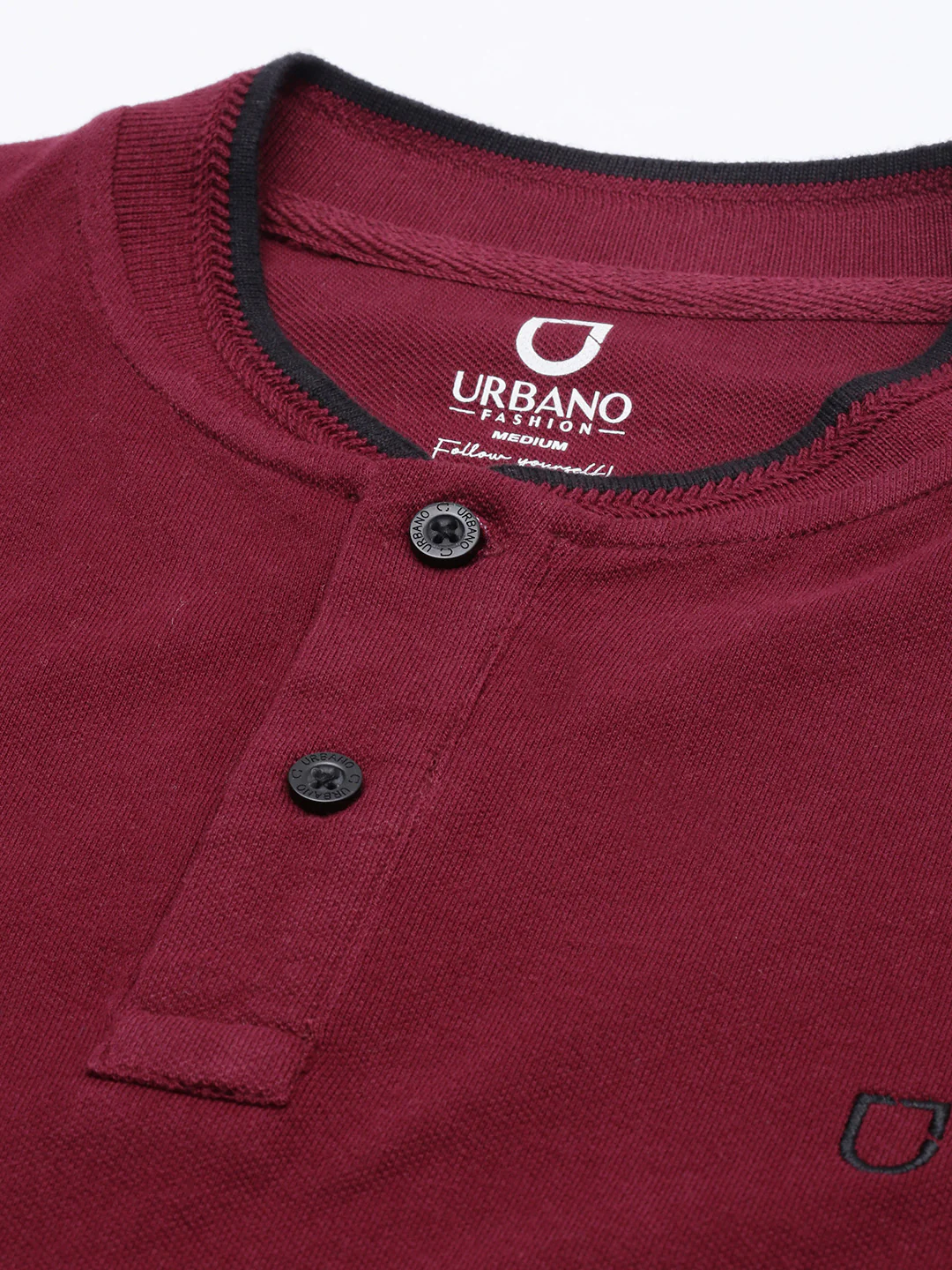 Men's Maroon Solid Mandarin Collar Slim Fit Cotton Polo T-Shirt - Image 4