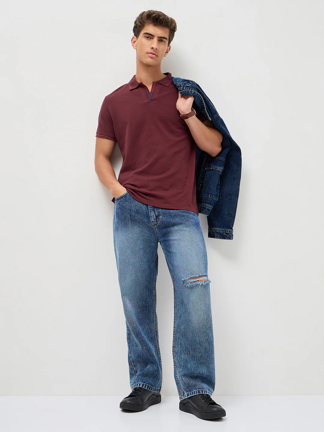 Men's Maroon Solid Regular Fit Half Sleeve Cotton Polo T-Shirt - Image 4