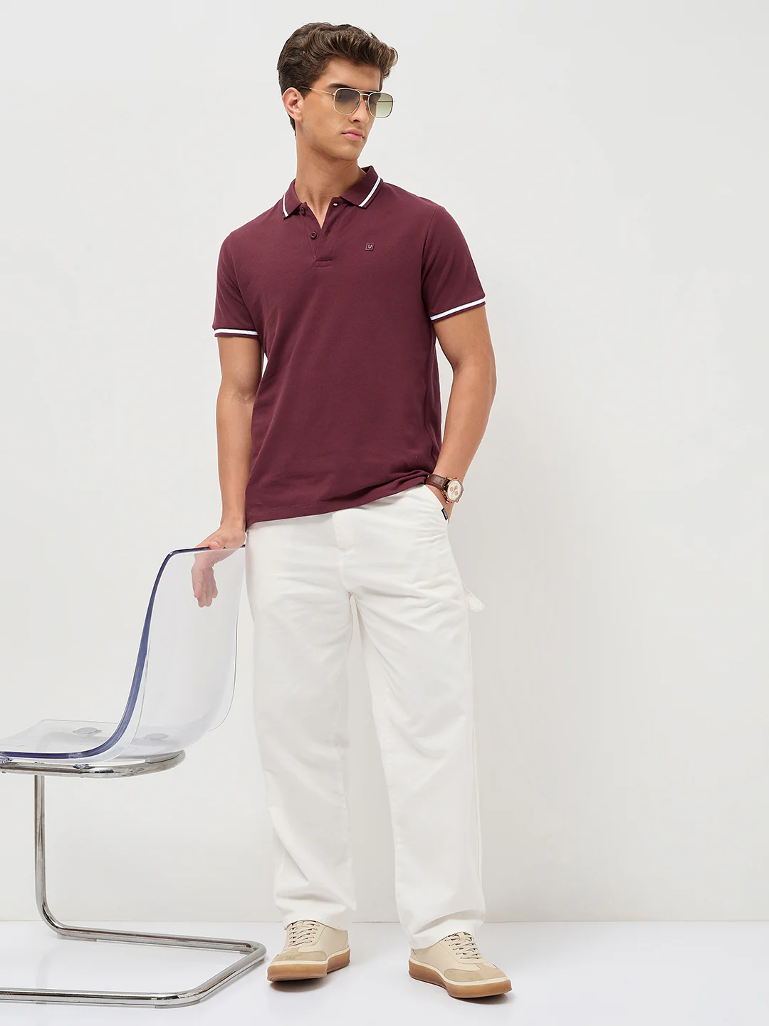 Men's Maroon Solid Regular Fit Half Sleeve Cotton Polo T-Shirt - Image 4