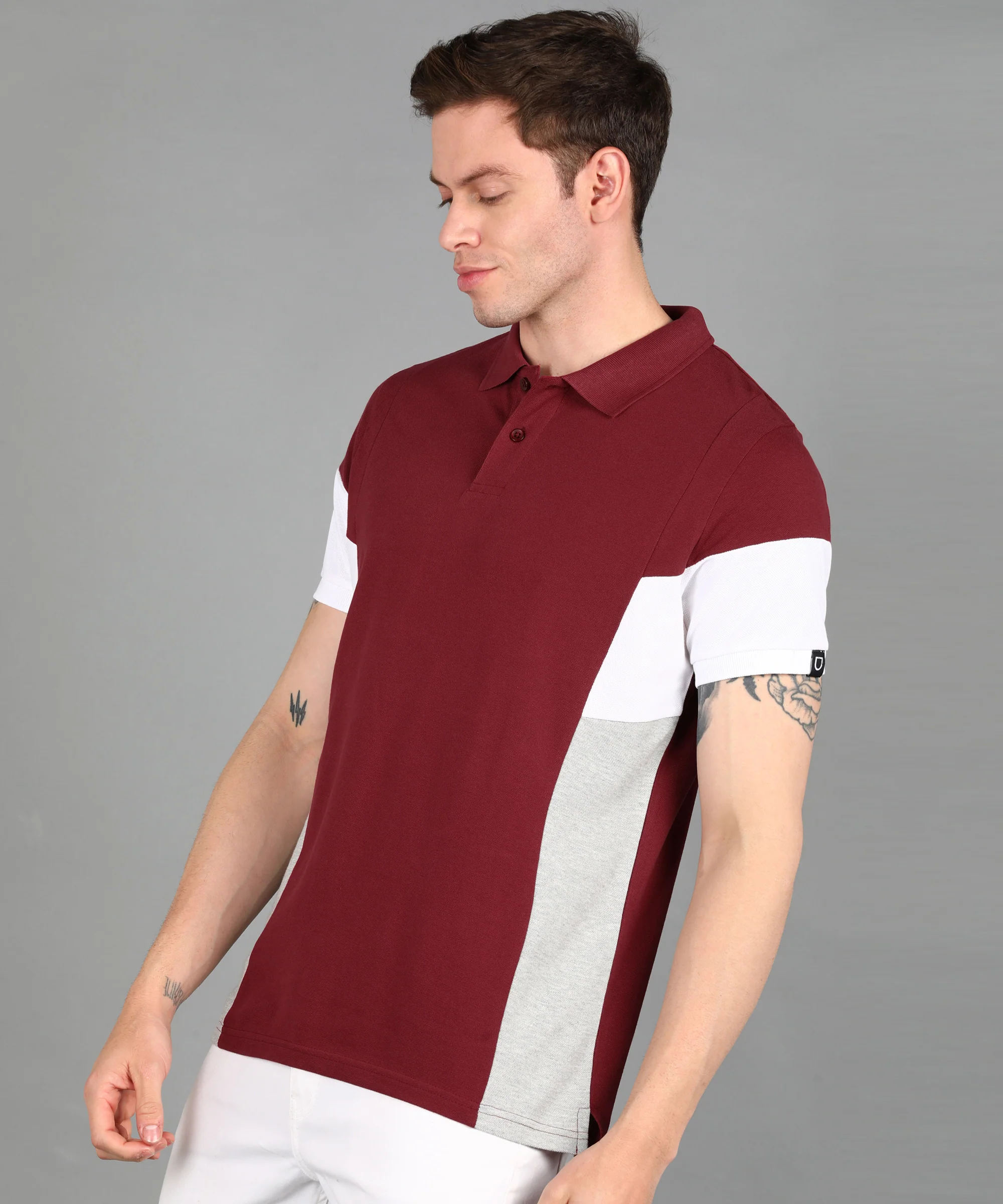 Men's Maroon, White, Grey Melange Colour-Block Slim Fit Half Sleeve Cotton Polo T-Shirt - Image 2