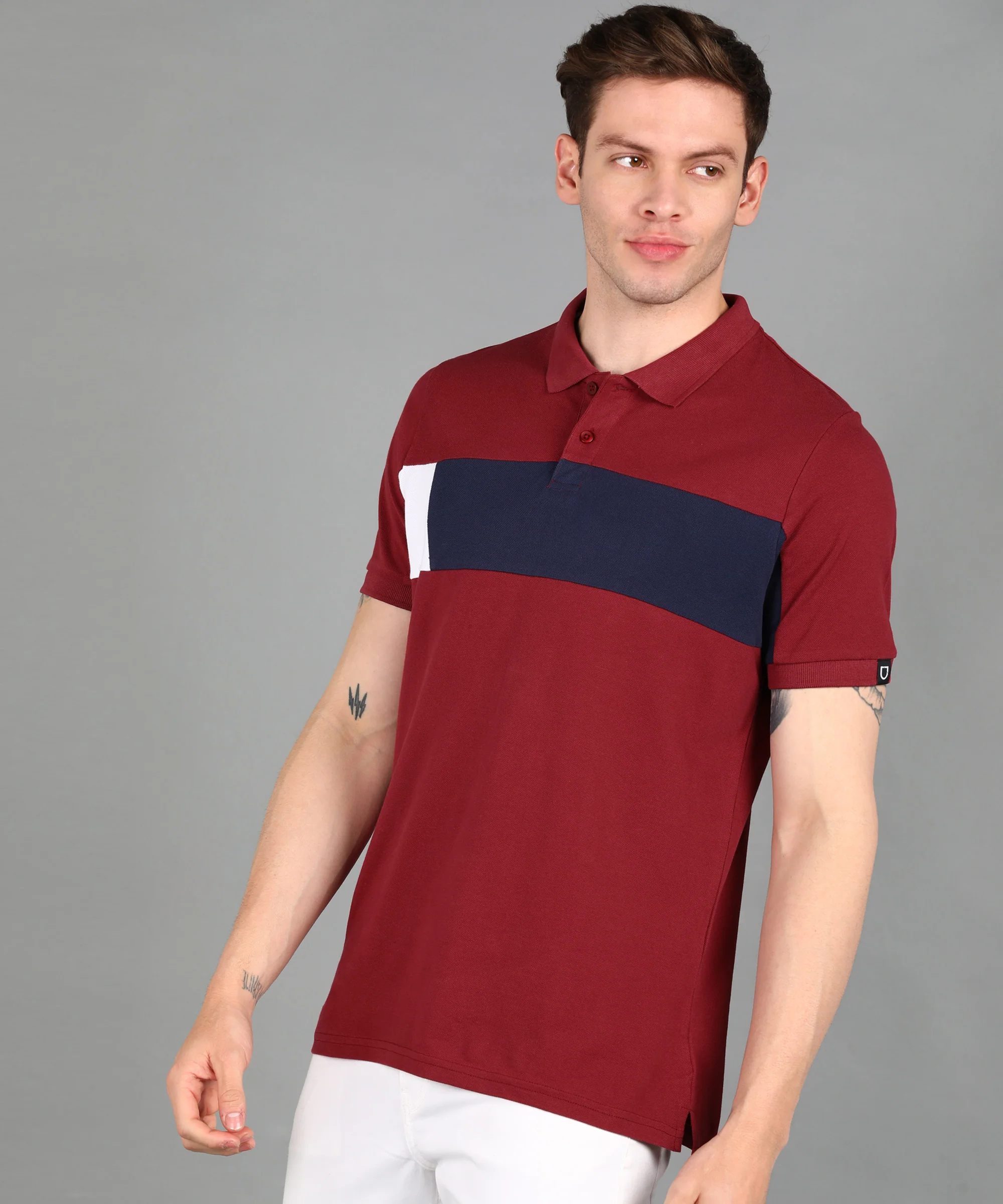 Men's Maroon, Yellow, White Colour-Block Slim Fit Half Sleeve Cotton Polo T-Shirt - Image 2