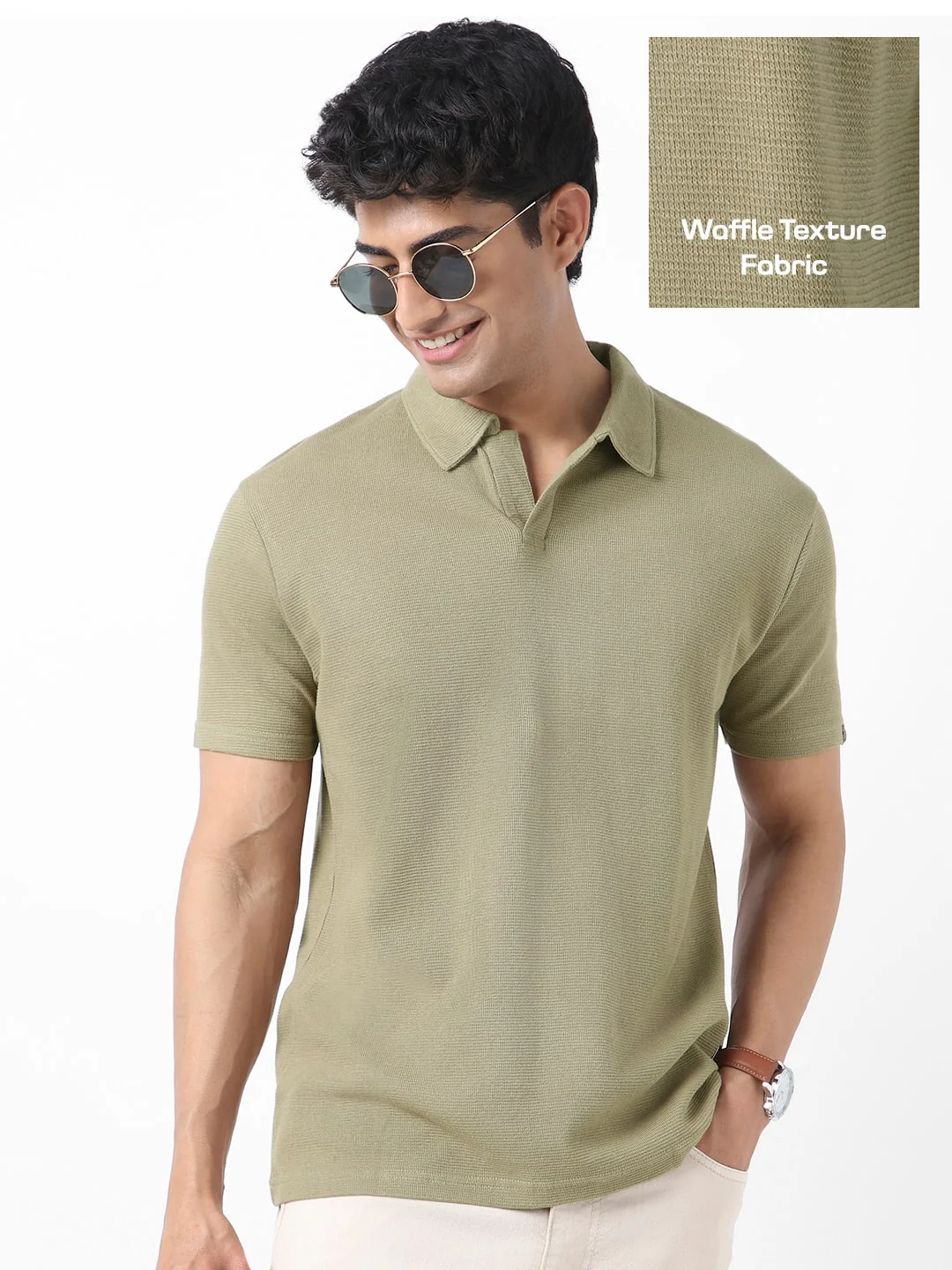Men's Matcha Green Textured Regular Fit Half Sleeve Cotton Polo T-Shirt