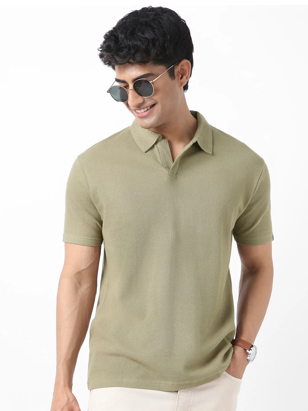 Men's Matcha Green Textured Regular Fit Half Sleeve Cotton Polo T-Shirt - Image 2