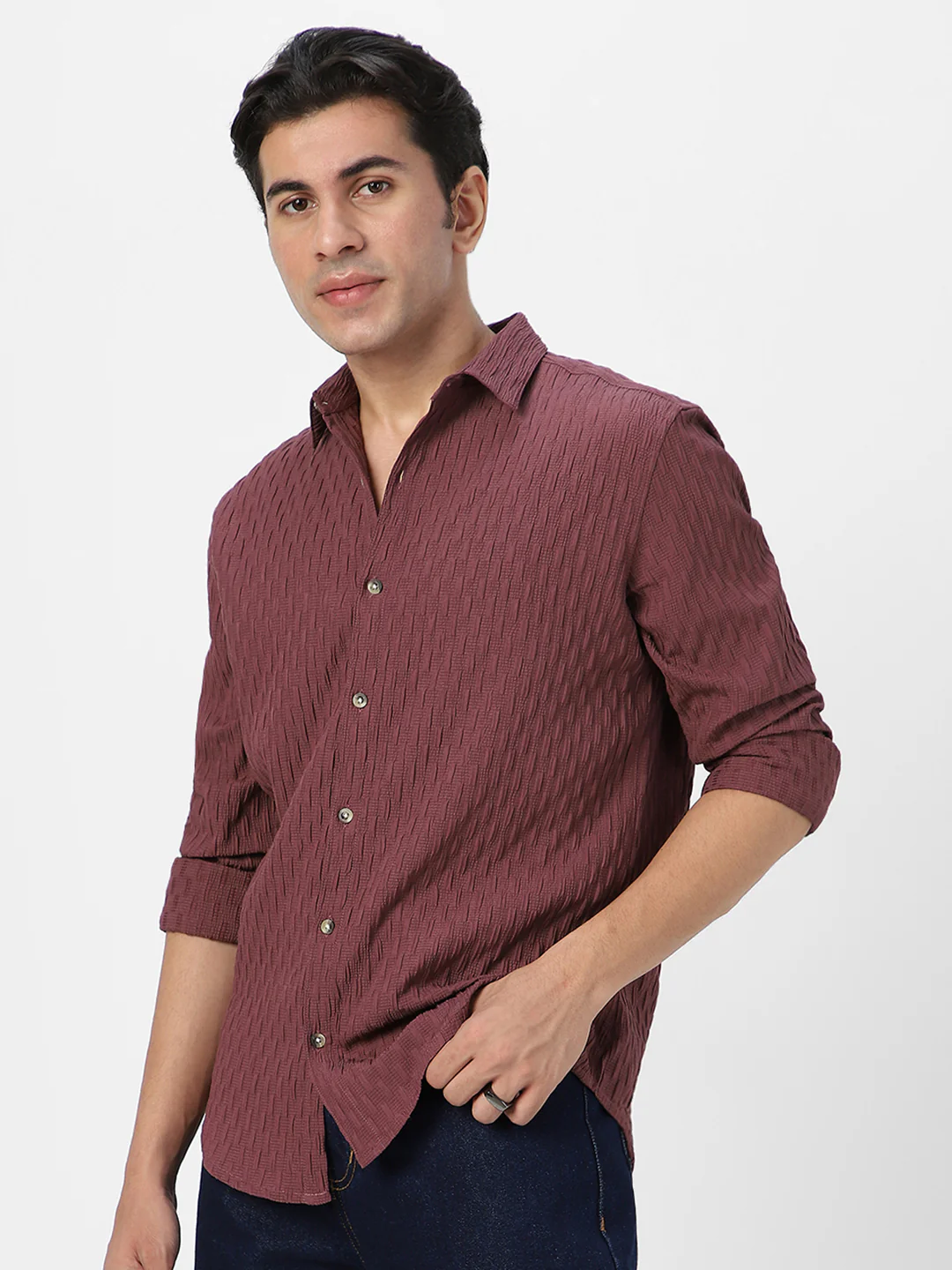 Men's Mauve Cotton Full Sleeve Regular Fit Textured Shirt with Spread Collar - Image 3