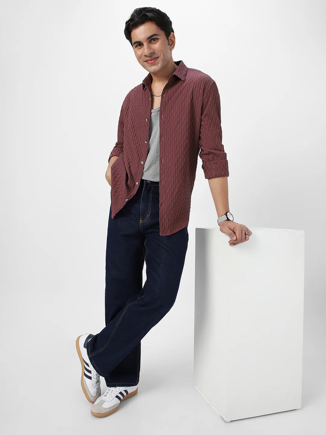 Men's Mauve Cotton Full Sleeve Regular Fit Textured Shirt with Spread Collar - Image 5